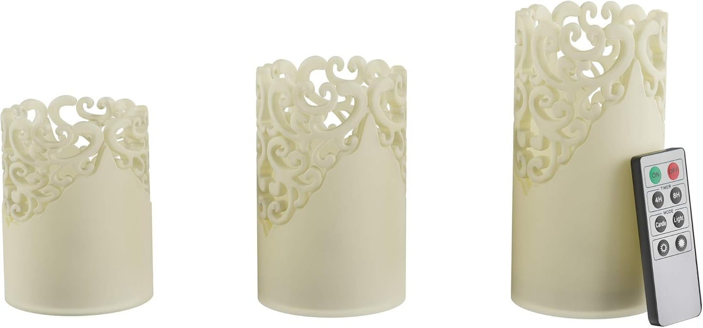 Remote Control LED Candles - Set of 3 Battery-Operated Realistic Flameless Pillars with Lace Details and Vanilla-Scented Wax by Lavish Home