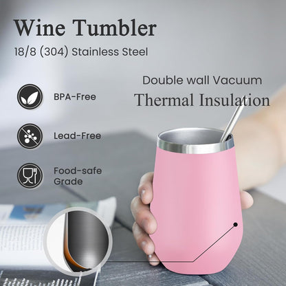 MEWAY 12oz Insulated Wine Tumbler with Press-In Lid, Double Wall Vacuum Stainless Steel Travel Tumbler with Straw,Travel Cup for Coffee and Drinks, Gift for Woman Under 10 dollars(Pink,1)