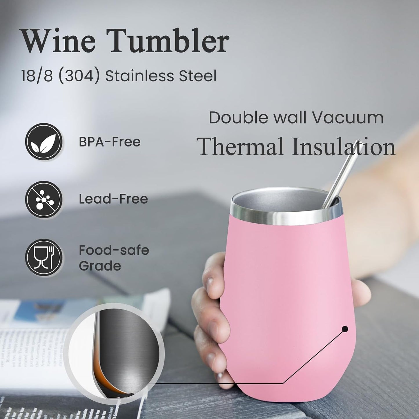 MEWAY 12oz Insulated Wine Tumbler with Lid and Straw - Double Wall Vacuum Stainless Steel Wine glass, Ideal for Travel and Office, Baby shower prizes for winners(Pink,Set of 12)