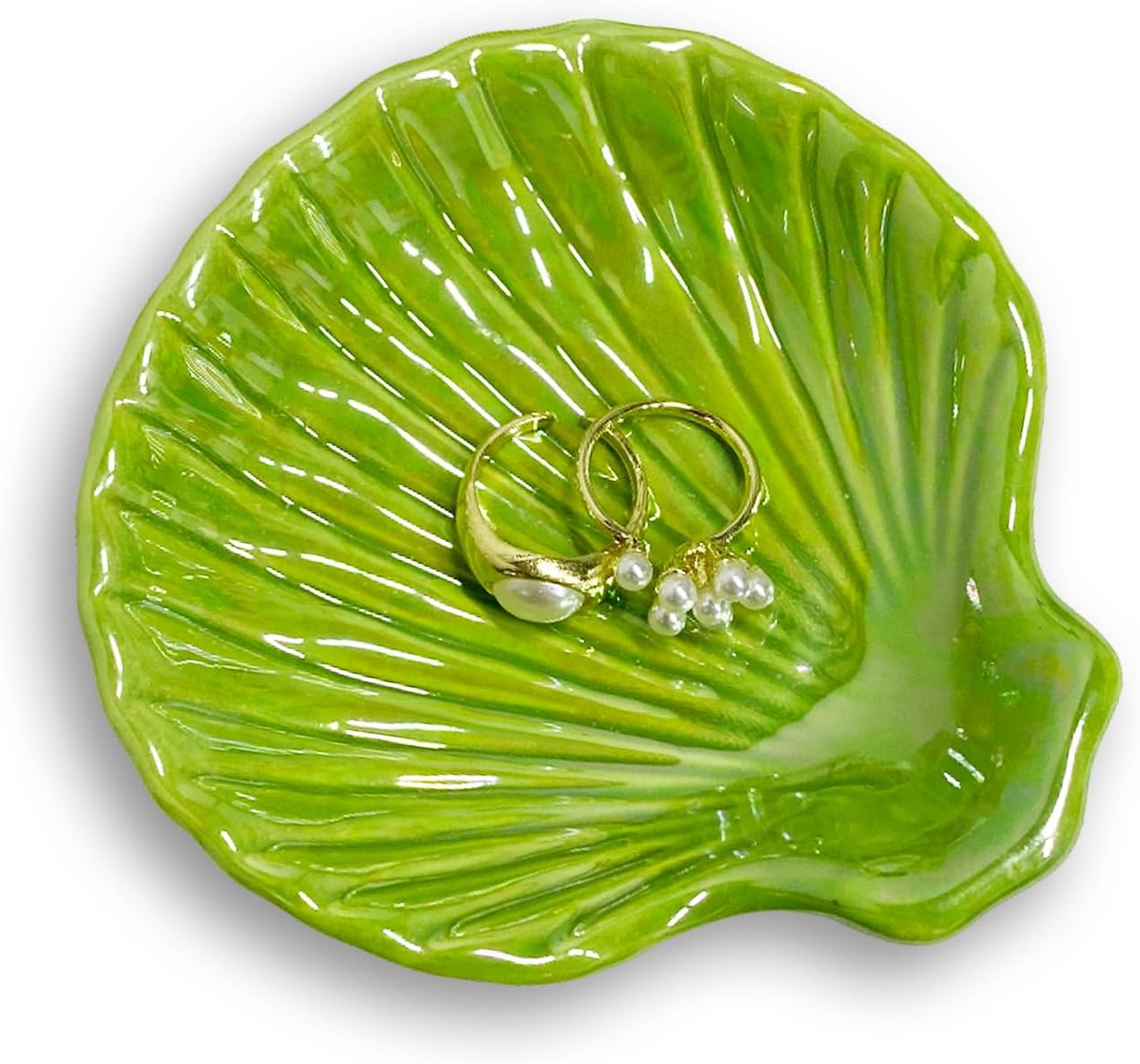 Trinket Dish Shell, Ceramic Jewelry Dish Seashell, Seashell Shape Jewelry Holder Plate for Rings Earrings Necklaces Bracelet, Decorative Tray for Mom Friend Sister, 3.9", Green Iridescent Surface