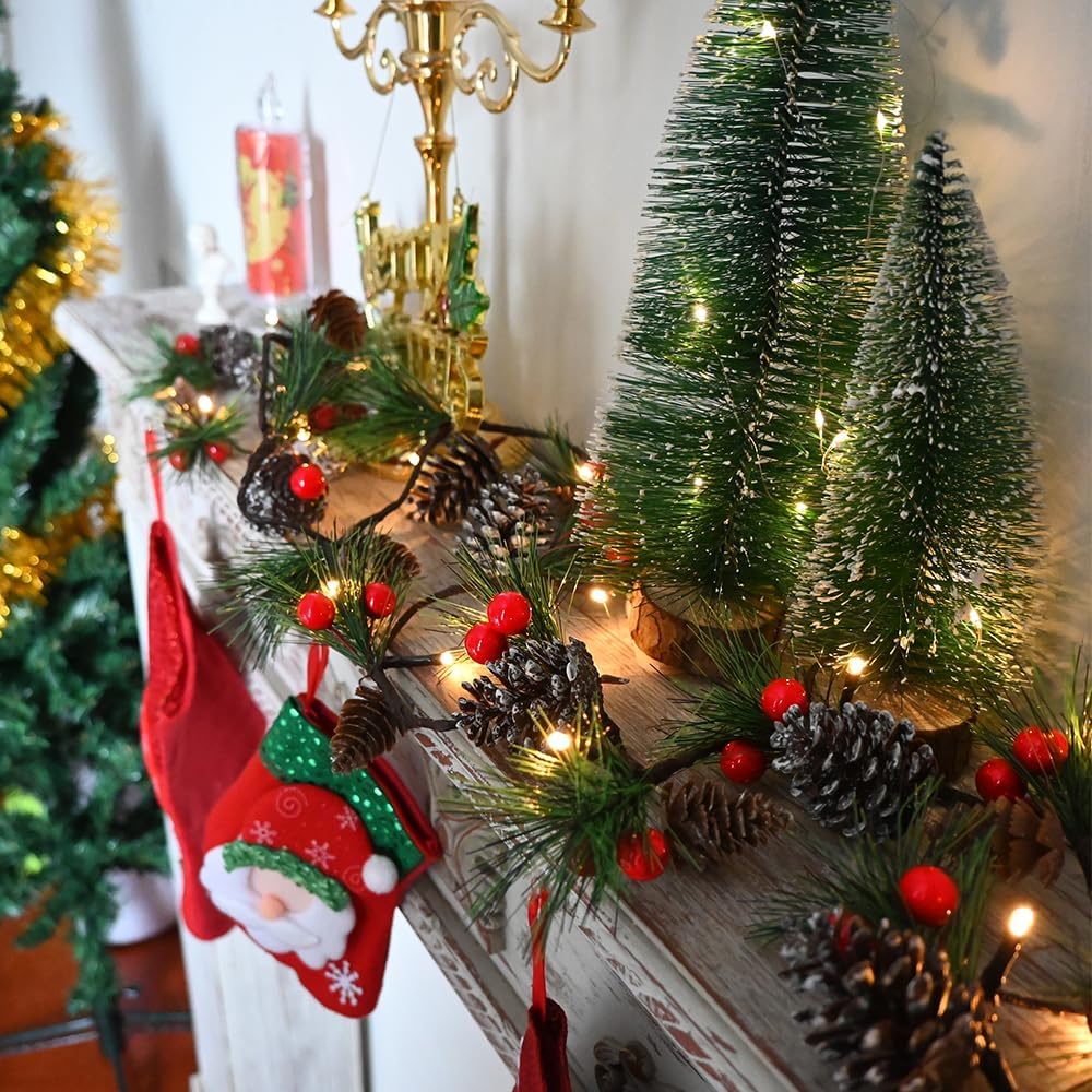 Christmas Garland Lights 2 Pack Holiday Prelit Garlands 13FT 40LED Pine Cone Garland Light with Red Berry Upgraded Battery Operated Garland with Lights Xmas Decor Lights for Outdoor Indoor Christmas
