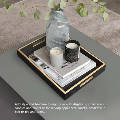 SANZIE Leather Tray Desktop Storage Organizer Premium Serving Tray Decorative Tray Valet Tray for Sundries Cosmetics Phone Wallet Cutlery (Black Holder)