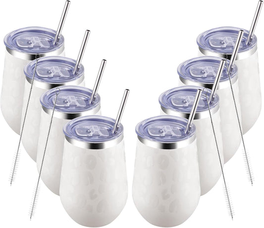 MEWAY 12oz Insulated Wine Tumbler Bulk, Double Wall Vacuum Stainless Steel Travel Tumbler with Straw,8 pack of wine tumbler glasses(Almond Leopard,Set of 8)