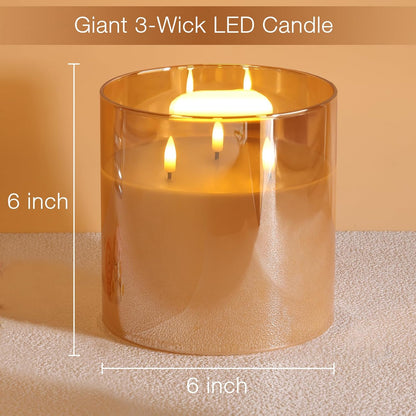 Eywamage 3 Wick Gold Glass Flameless Candle with Remote, Large Flickering LED Battery Pillar Candle Φ 6" H 6"