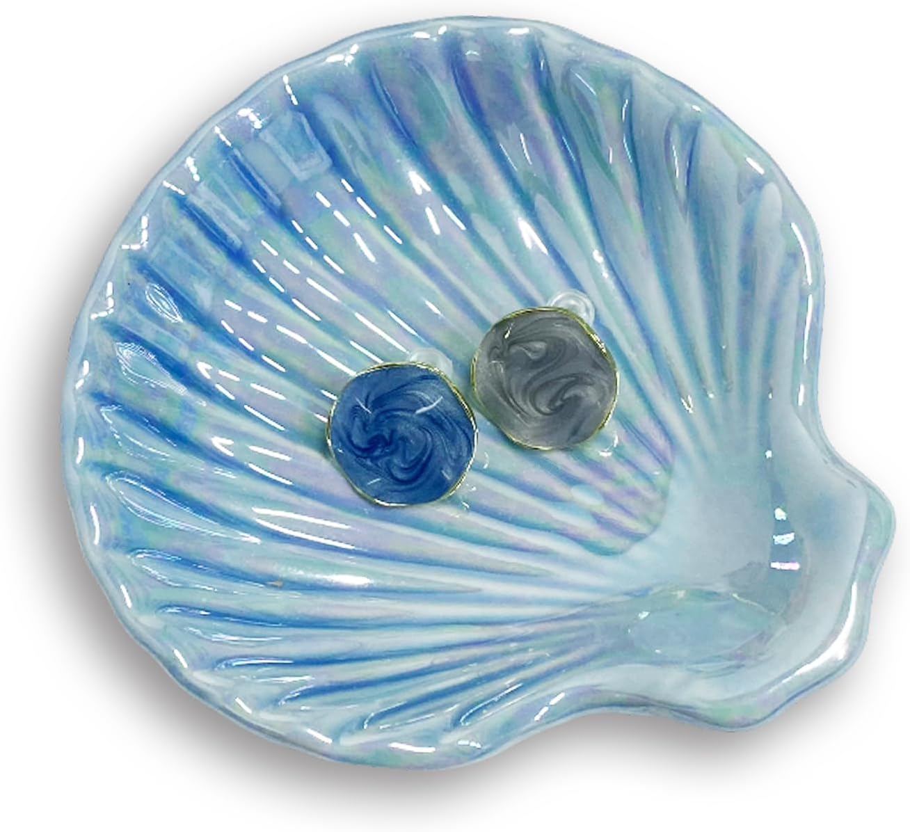 Shell Jewelry Dish Tray for Women, Ceramic Jewelry Tray, Seashell Shape Jewelry Ring Holder Dish, Jewelry Plate Trinket Dish for Necklace, Earring, Ring, Bracelet, 3.9", Sky Blue Iridescent Surface
