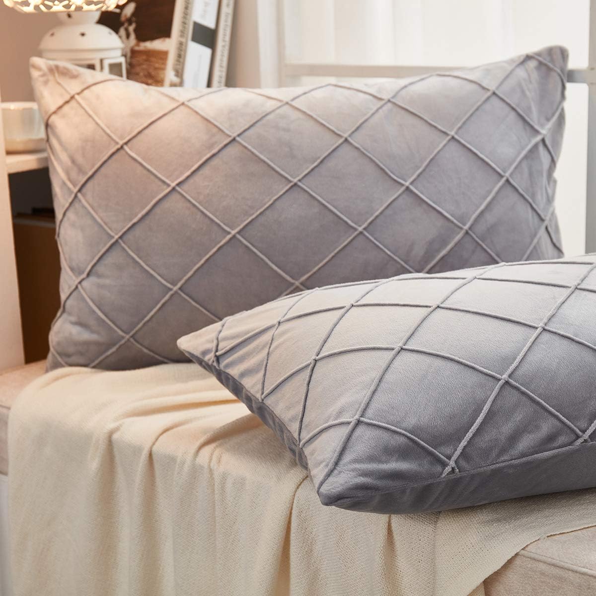 JAUXIO Diamond Pinch Pleated Crystal Velvet Pillowcases 2 Pack Solid Pintuck Throw Cushion Cover for Home Decor Hidden Zipper Closure (Light Grey, King)