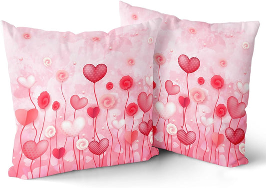 Giwawa Love Hearts Pillow Cover Set of 2 Red Pink Dots Heart Floral Cushion Covers Valentines Day Decorative Square Cotton Throw Pillowcases 18x18 Inches for Couch Sofa Bedding Wedding Holiday