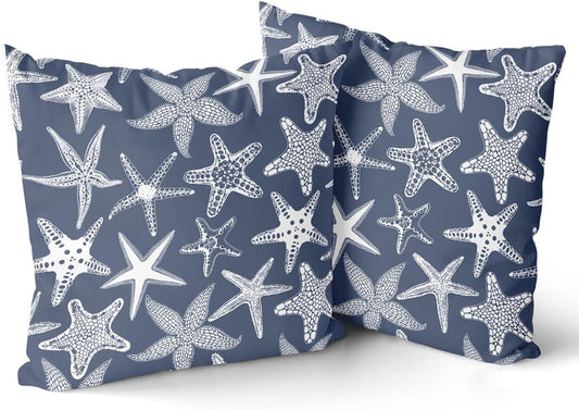 Giwawa Nautical Starfish Throw Pillow Covers 16"x16" Navy Blue Coastal Beach Themed Decorative Cotton Pillow Cases Summer Ocean Cushion Covers Set of 2 for Sofa Couch Bedding Living Room