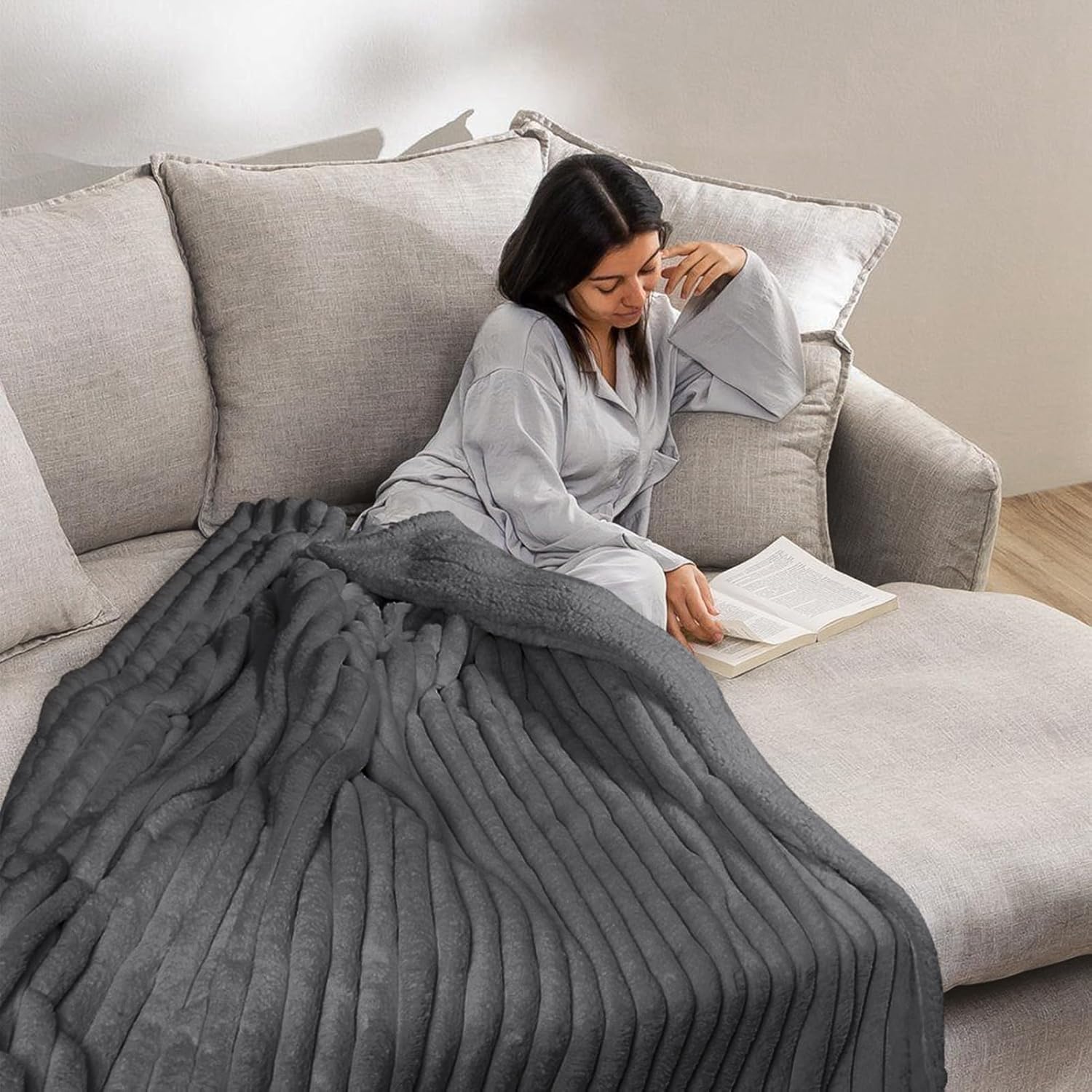 MOSAYT Throw Blanket for Couch or Bed, Super Soft Faux Rabbit Fur, Elegant Ruched Design, Grey Cozy Blanket (60x80 Inch)