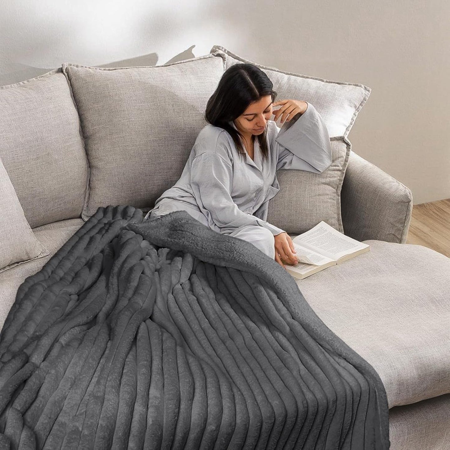 MOSAYT Throw Blanket for Couch Or Bed, Super Soft Faux Rabbit Fur Lamb Hair Blanket, Elegant Ruched Design Fleece Blanket, Grey Cozy Blanket for Couch, Sofa and Bed(50x60 Inch)