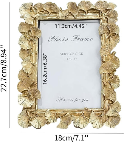 LONG XIN 1PCS 5X7 Inch Ginkgo Leaves Decoration Photo Frame Vintage Photo Frame Resin Picture Frame for Home Decor Old Fashioned Gorgeous Photo Gallery Art Decor (Gloden)
