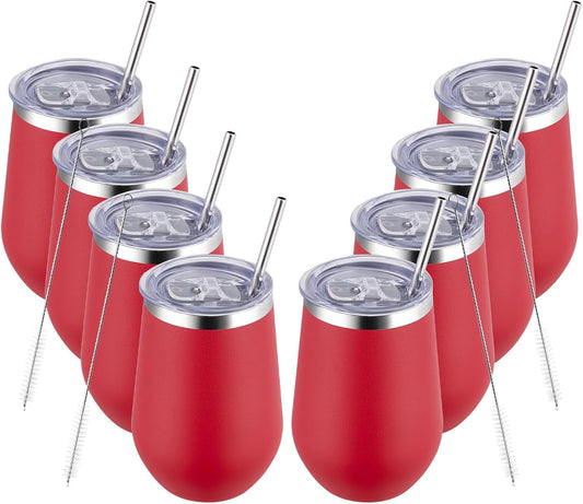 MEWAY Durable 12oz Stainless Steel Wine Tumbler with Lid and straw - Vacuum Insulated Coffee and Wine Cups for Travel, Parties, and Outdoor Events(Red, Set of 8)