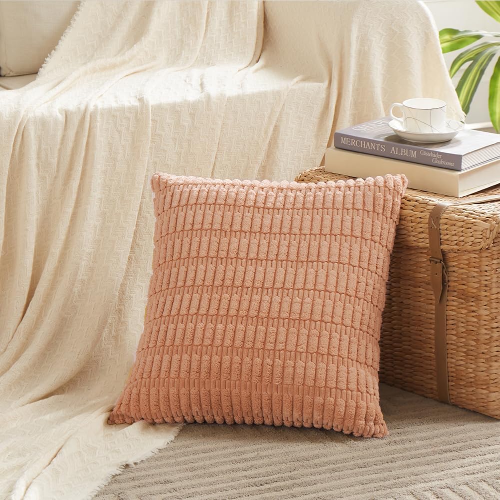 Fancy Homi 4 Packs Peach Decorative Throw Pillow Covers 20x20 Inch for Living Room Couch Bed Sofa, Modern Farmhouse Boho Home Decor, Soft Plush Corduroy Square Cute Accent Cushion Case 50x50 cm