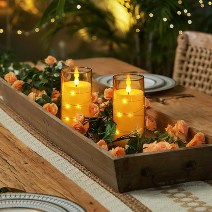 Homemory Flameless Candles with Embedded Star String Fairy Lights, Battery Operated Candles, LED Candle, Fake Candles with Remote Control and Timer, Gold, Set of 2(H 6" 6")