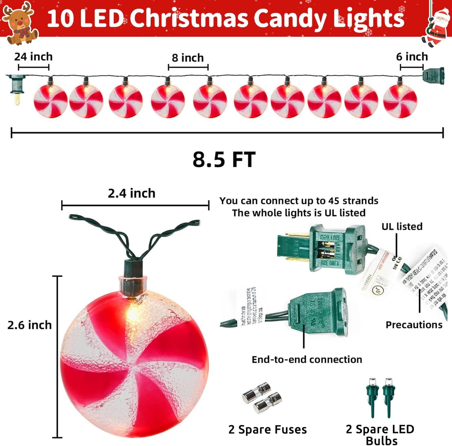 Christmas Tree Decorations Lights, 8.5Ft Candy String Lights with 10 Pack Candy LED Bulbs Christmas Ornaments for Indoor Home Outdoor Yard and Party Decorations