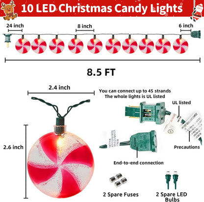 Christmas Tree Decorations Lights, 8.5Ft Candy String Lights with 10 Pack Candy LED Bulbs Christmas Ornaments for Indoor Home Outdoor Yard and Party Decorations