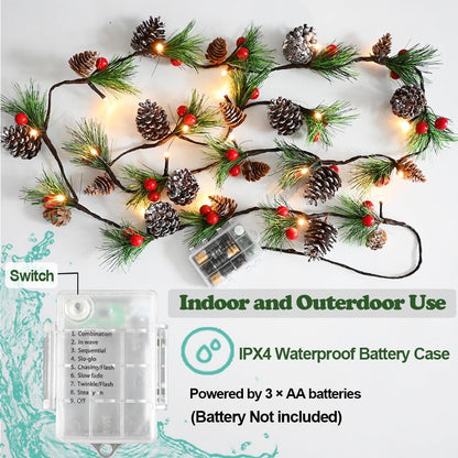 Christmas Garland Lights 2 Pack Holiday Prelit Garlands 13FT 40LED Pine Cone Garland Light with Red Berry Upgraded Battery Operated Garland with Lights Xmas Decor Lights for Outdoor Indoor Christmas