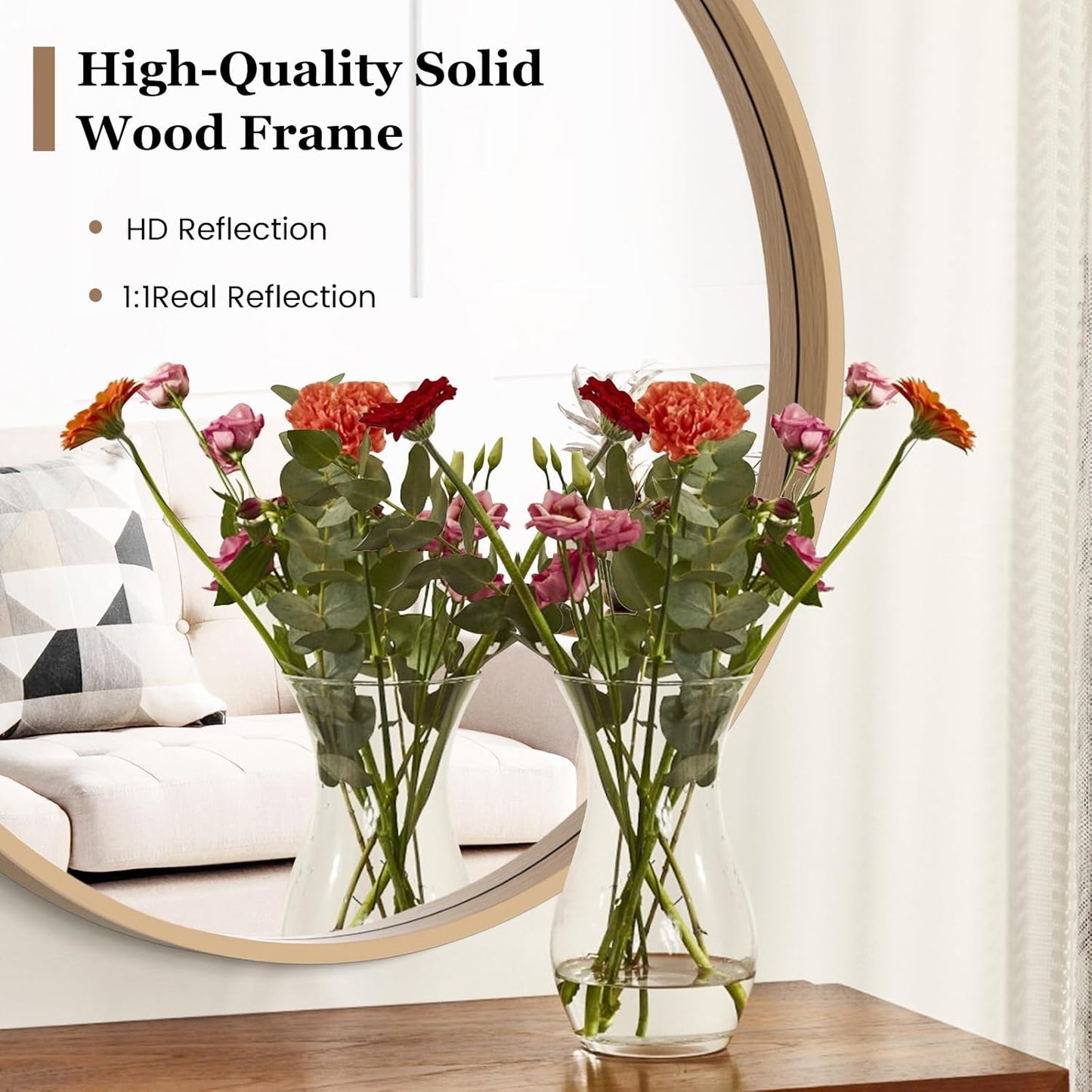 HOMECOOKIN Round Wood Mirror, 28" Round Bathroom Wall Mirror Circle Mirrors for Wall Decor, Vanity, Living Room, Bedroom, Entryway, Natural