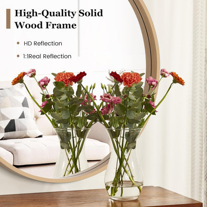 HOMECOOKIN Round Wood Mirror, 28" Round Bathroom Wall Mirror Circle Mirrors for Wall Decor, Vanity, Living Room, Bedroom, Entryway, Natural