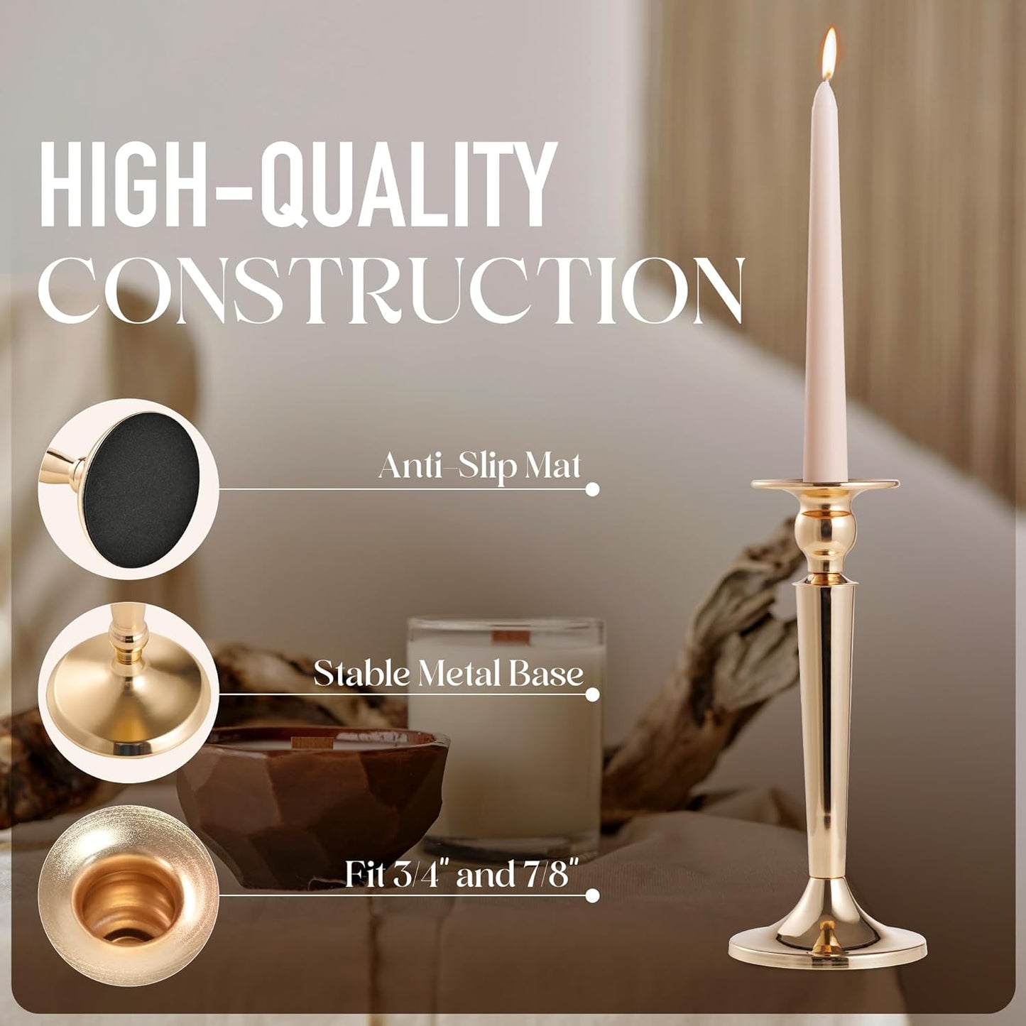 3PCS Taper Candle Holders Set, Gold Vintage Candlesticks for 3/4 and 7/8 Inch Candles with Wedding Dining Table Centerpiece Decor and Fireplace Mantel Housewarming Gift (6757)