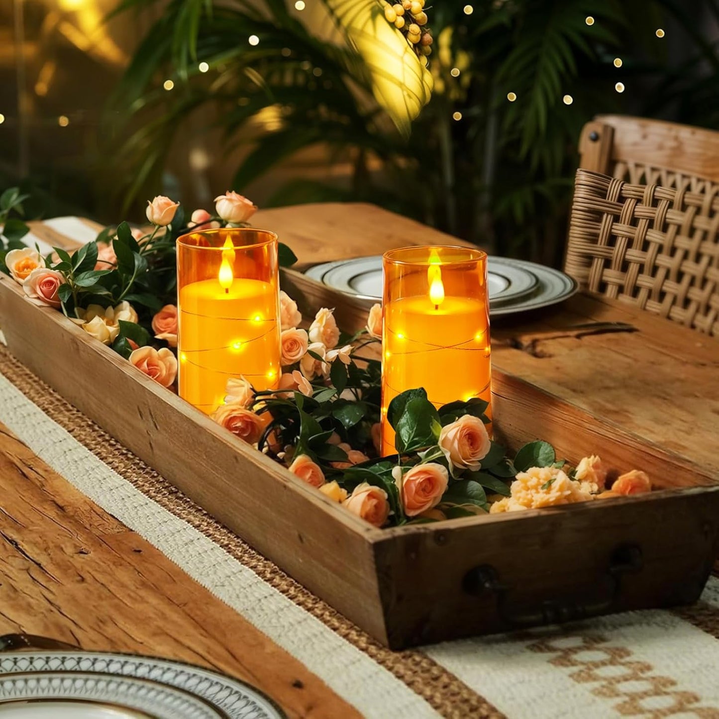 Homemory Flameless Candles with Embedded Star String Fairy Lights, Battery Operated Candles, LED Candle, Fake Candles with Remote Control and Timer, Orange, Set of 2(H 6" 6")