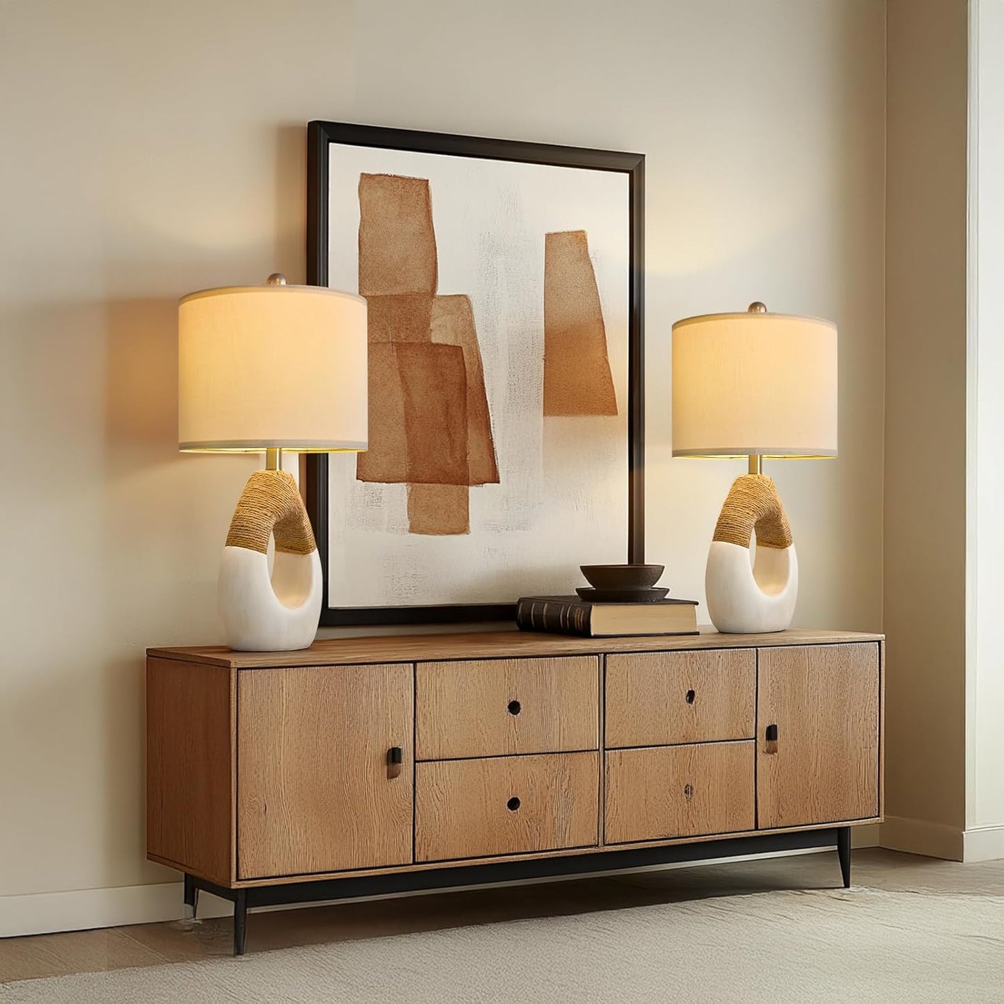 OYEARS 22” Boho Table Lamps for Bedroom Living Room Upgraded Set of 2 Medium Farmhouse Rattan Table Lamps, Rustic Home Decoration Nightstand Bedside Lamp for Office (Not Include Bulbs)