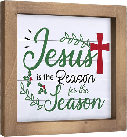 Jesus Is The Reason for The Season Sign, Wooden Christian Christmas Decor, Xmas Holiday Indoor Table Shelf Desk Mantel Tiered Tray Nativity Wall Art Rustic Farmhouse Decorations for Home