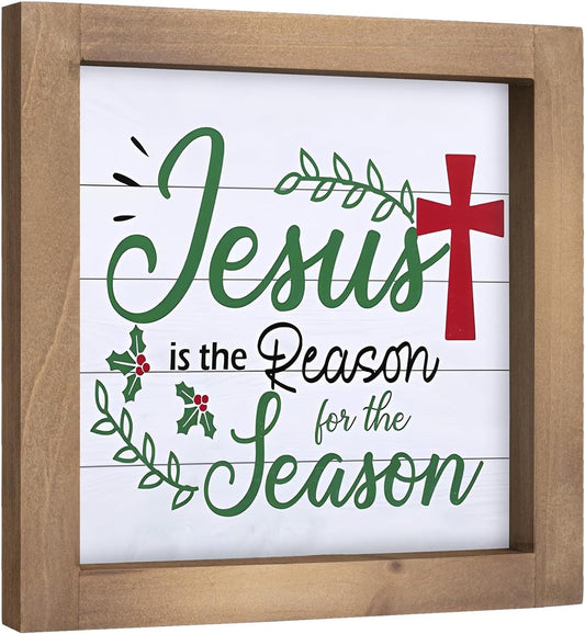 Jesus Is The Reason for The Season Sign, Wooden Christian Christmas Decor, Xmas Holiday Indoor Table Shelf Desk Mantel Tiered Tray Nativity Wall Art Rustic Farmhouse Decorations for Home