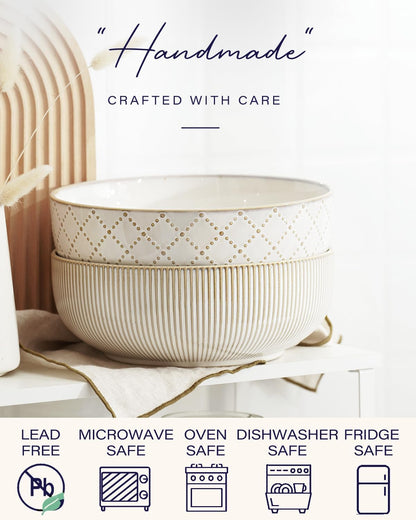getstar Large Serving Bowls (9.5 inch & 92 fl oz), Ceramic Salad Bowl Set of 2, Microwave and Dishwasher Safe, Farmhouse Kitchen Decorative Bowls Set (Embossed Checks & Stripes)