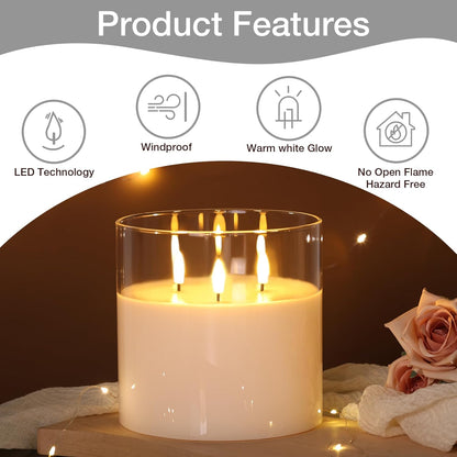 Eywamage 3 Wick Clear Glass Flameless Candle with Remote, Large Flickering LED Battery Pillar Candle Φ 6" H 6"