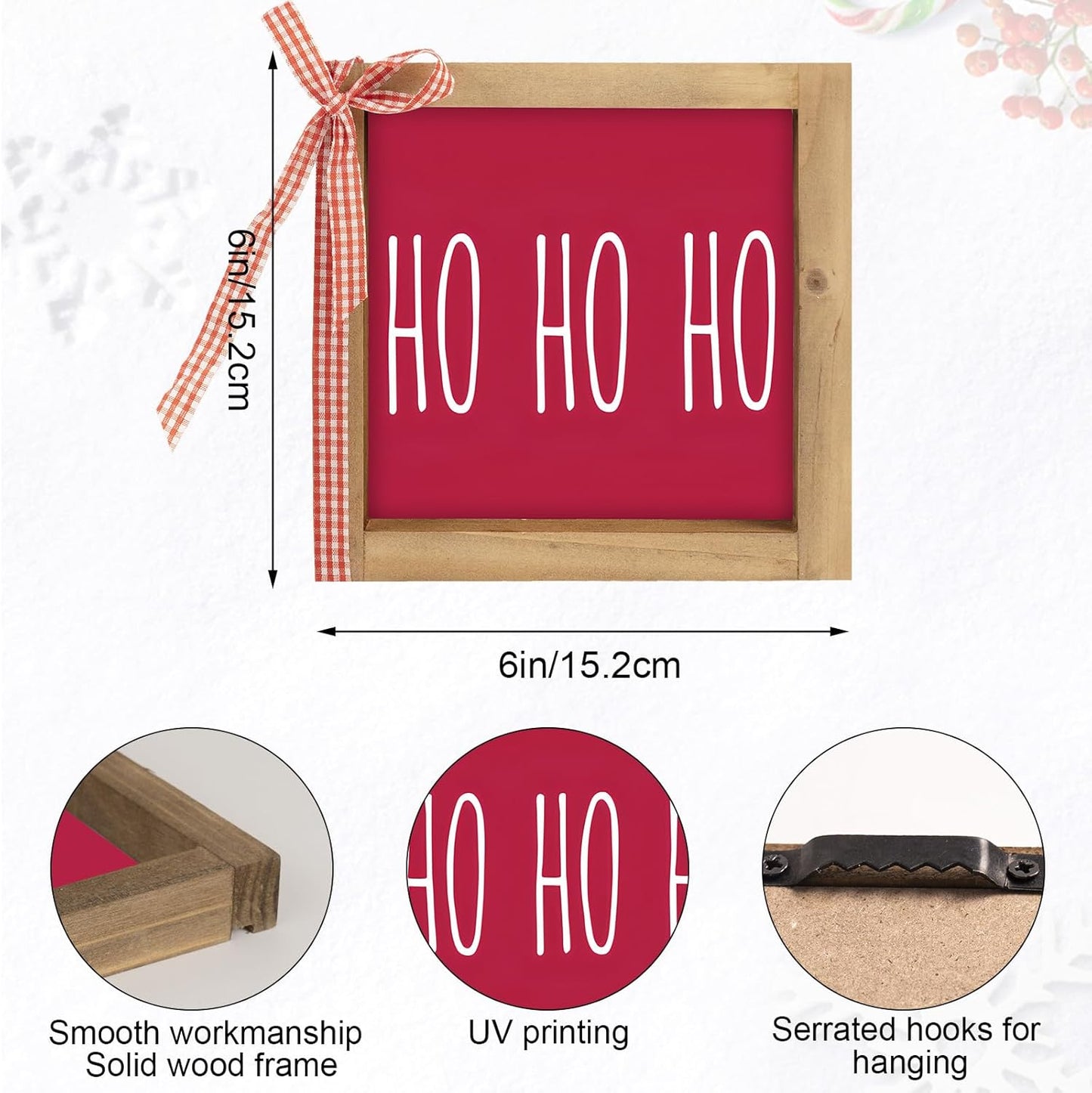 Wooden Ho Ho Ho Sign, 6" Red Christmas Santa Hohoho Decor, Xmas Holiday Decorative Signage Indoor Table Tiered Tray Wall Art Desk Shelf Mantel Bathroom Rustic Farmhouse Decorations for Home