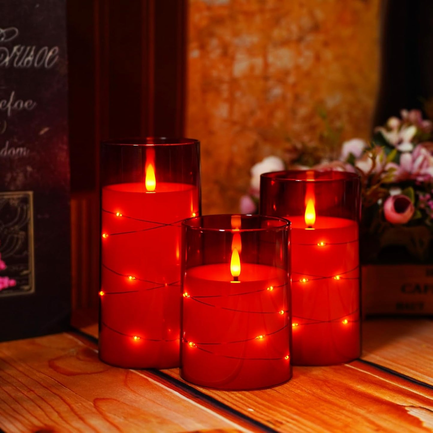 Flameless LED Candles with Timer 3 Pc Flickering Flameless Candles for Romantic Ambiance and Home Decoration Stable Acrylic Shell,with Embedded Star String，Battery Operated Candles（Red）