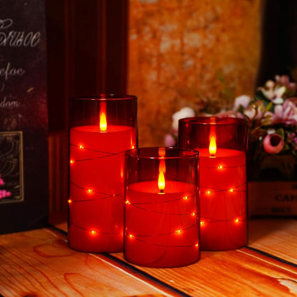 Flameless LED Candles with Timer 3 Pc Flickering Flameless Candles for Romantic Ambiance and Home Decoration Stable Acrylic Shell,with Embedded Star String，Battery Operated Candles（Red）
