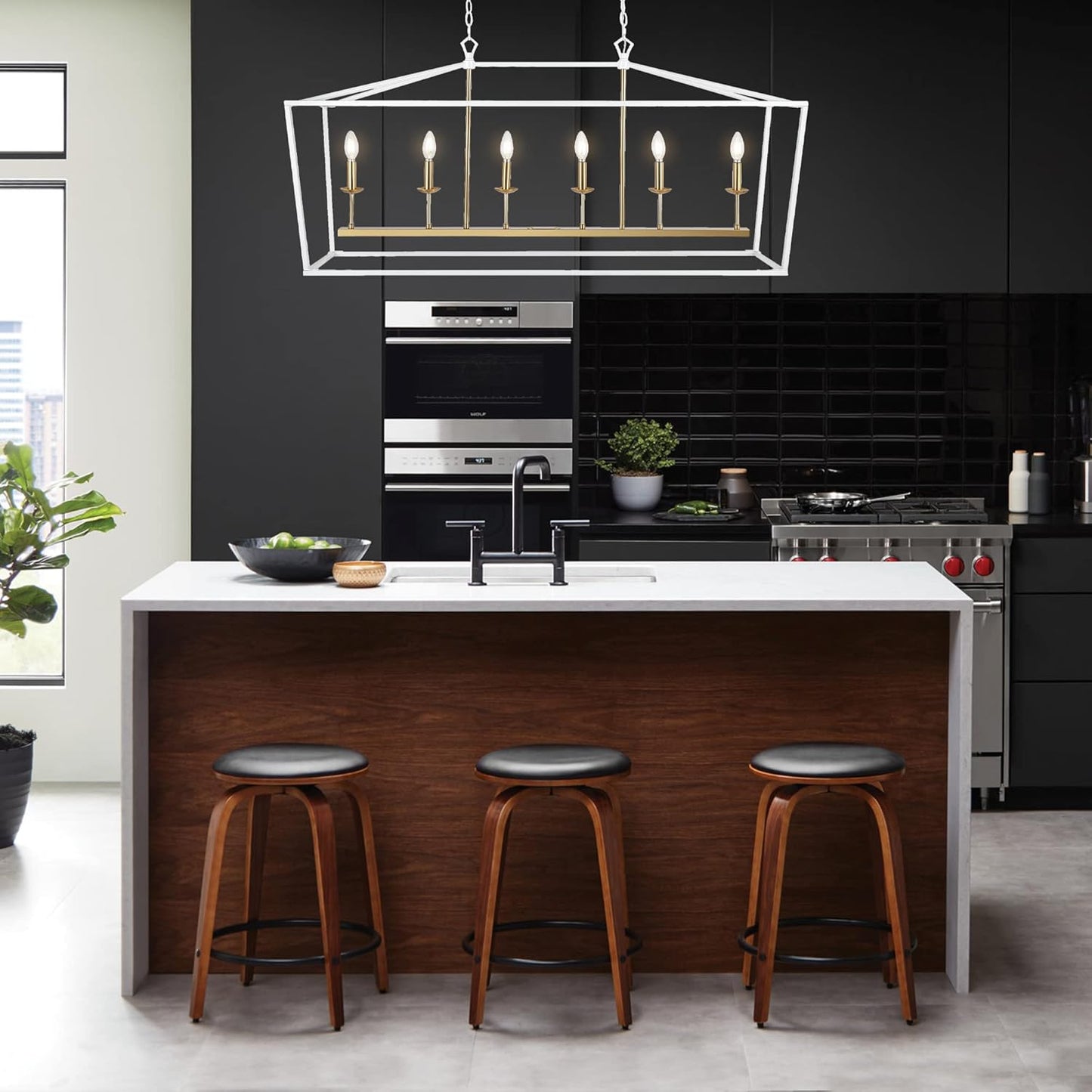 JONATHAN Y JYL7439E Pagoda 49" 6 Light Linear Classic Traditional Metal LED Pendant Farmhouse Dining Room Living Room Kitchen Foyer Bedroom Hallway, 49 in, White/Brass Gold