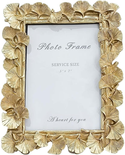 LONG XIN 1PCS 5X7 Inch Ginkgo Leaves Decoration Photo Frame Vintage Photo Frame Resin Picture Frame for Home Decor Old Fashioned Gorgeous Photo Gallery Art Decor (Gloden)