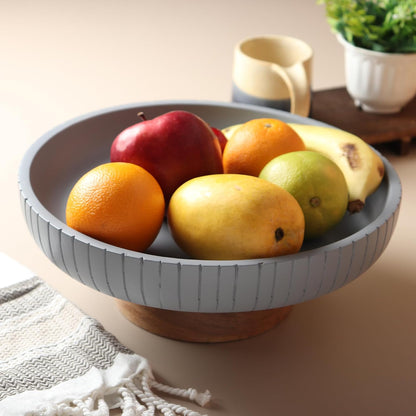 Mango Wood fruit bowl, Decorative gray bowl with natural finish pedestal | 12" dia | Dual tone look | Use as Centerpiece for kitchen counter or dining table | Wooden table decor|(Gray)