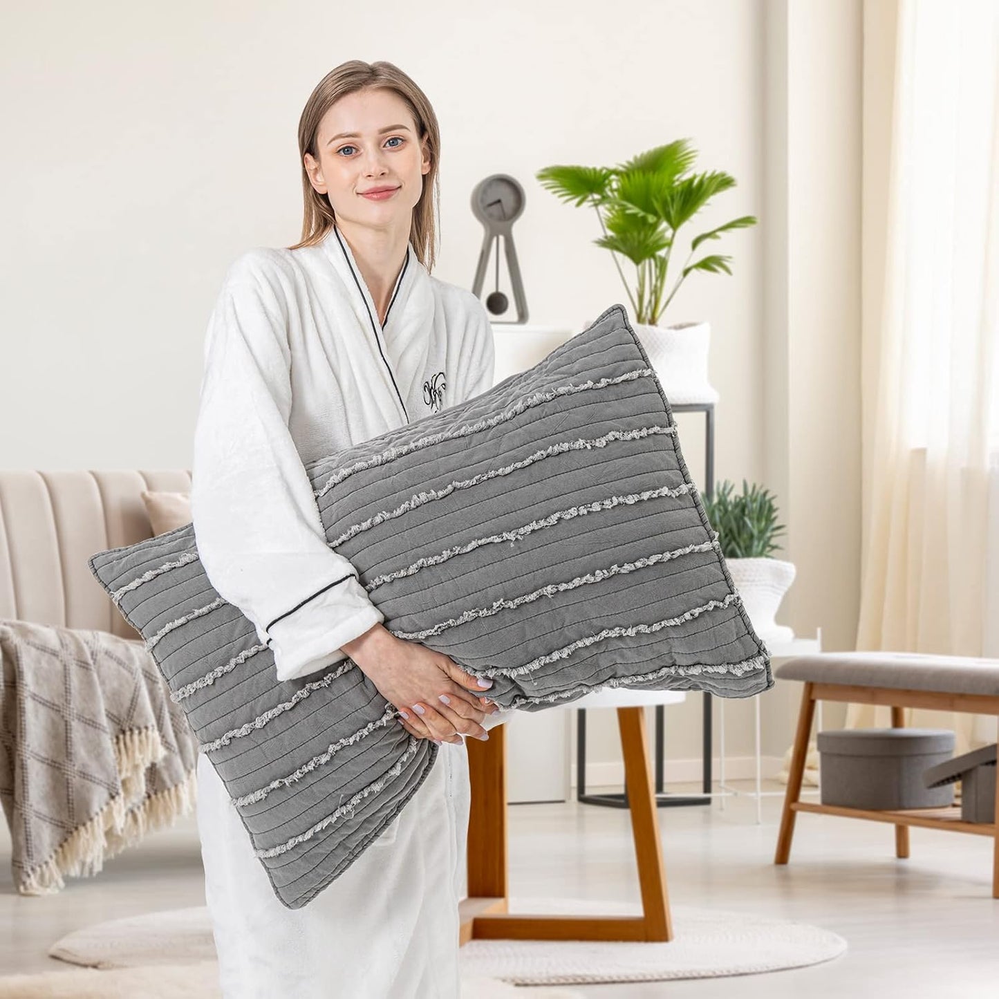 BOSOWOS King Size Pillow Shams Set of 2, Ultra Soft Breathable 20 x 36 Inches Pillow Case Envelope Closure, Microfiber Farmhouse Bed Pillowcases for Easy Care, Grey