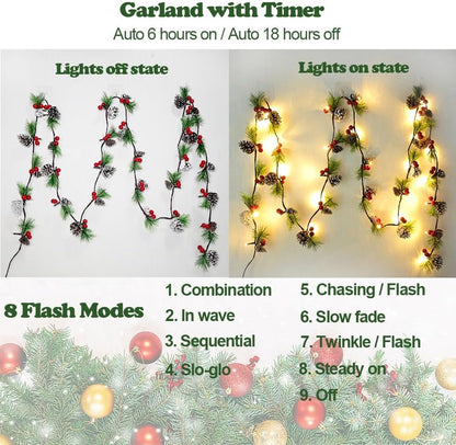 2025 Upgraded Christmas Garland Lights 9.84FT Holiday Prelit Garlands Pine Cone with Red Berry Battery Operated with Timer Garland Wreath Xmas Decor Lights for Outdoor Indoor Christmas Home Decoration