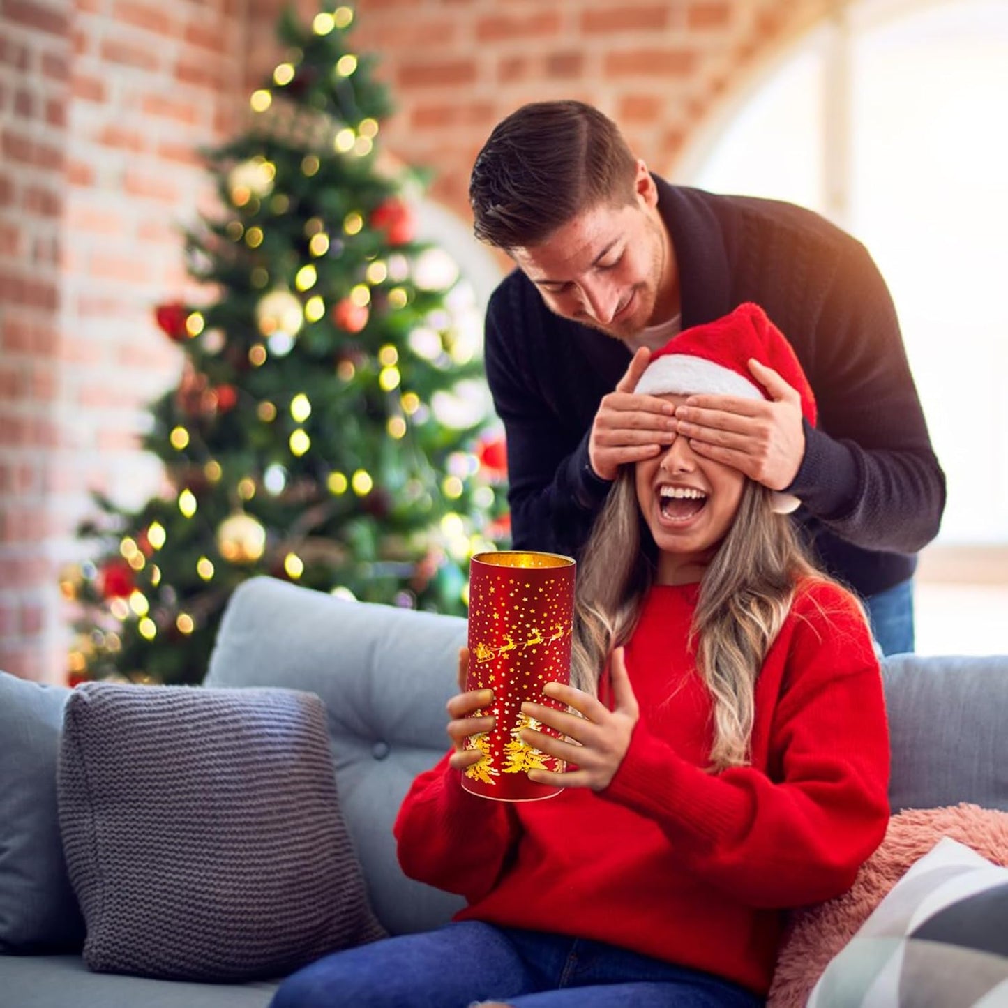 Christmas Decorations Indoor,Mercury Glass Lights with Timer,Battery Powered Fairy Light,LED Latern with Christmas Tree Deer Carvings, Lamps for Table Decor Home Centerpiece (Red)