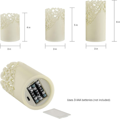 Remote Control LED Candles - Set of 3 Battery-Operated Realistic Flameless Pillars with Lace Details and Vanilla-Scented Wax by Lavish Home
