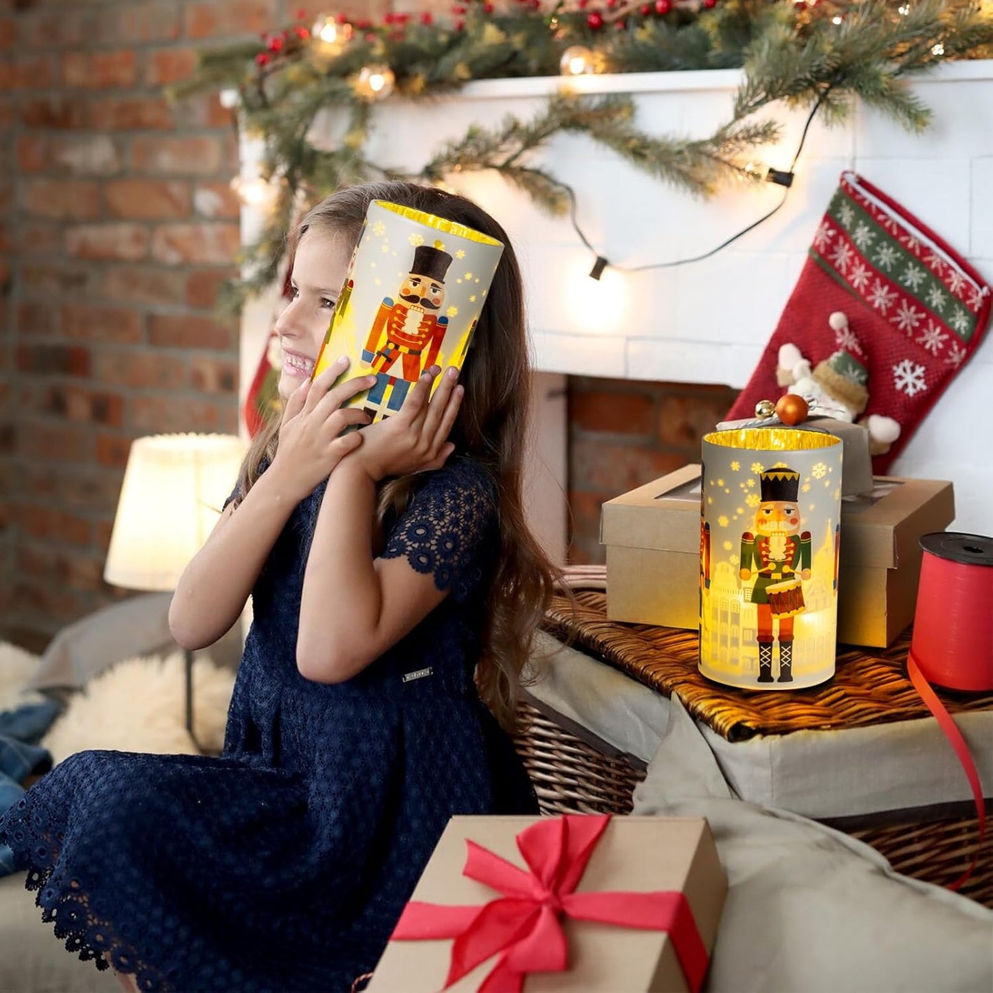 Christmas Decorations Indoor,Battery Operated Mercury Glass Latern,LED Lights Cylinder with Nutcracker Patterns,Christmas Decor for Table,Gifts for Kids (Nutcracker White)