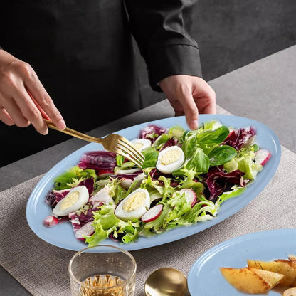 Webbylee ‌16" Melamine Oval Platter Set of 2- Lightweight Durable Serving Tray for Party, Catering & Home | Dishwasher Safe, Fits Turkey/Charcuterie-Blue & Beige