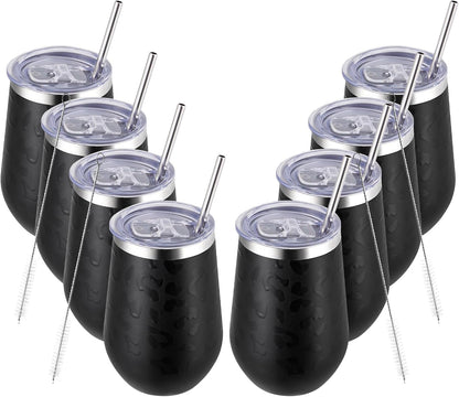 MEWAY 12oz Insulated Wine Tumbler Set of 8 - Double Wall Stainless Steel Stemless Wine cups Glasses with Lids, Gift for Family and Gifts, Prizes for adults(Black Leopard,Set of 8)