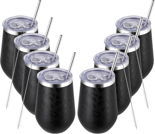 MEWAY 12oz Insulated Wine Tumbler Set of 8 - Double Wall Stainless Steel Stemless Wine cups Glasses with Lids, Gift for Family and Gifts, Prizes for adults(Black Leopard,Set of 8)