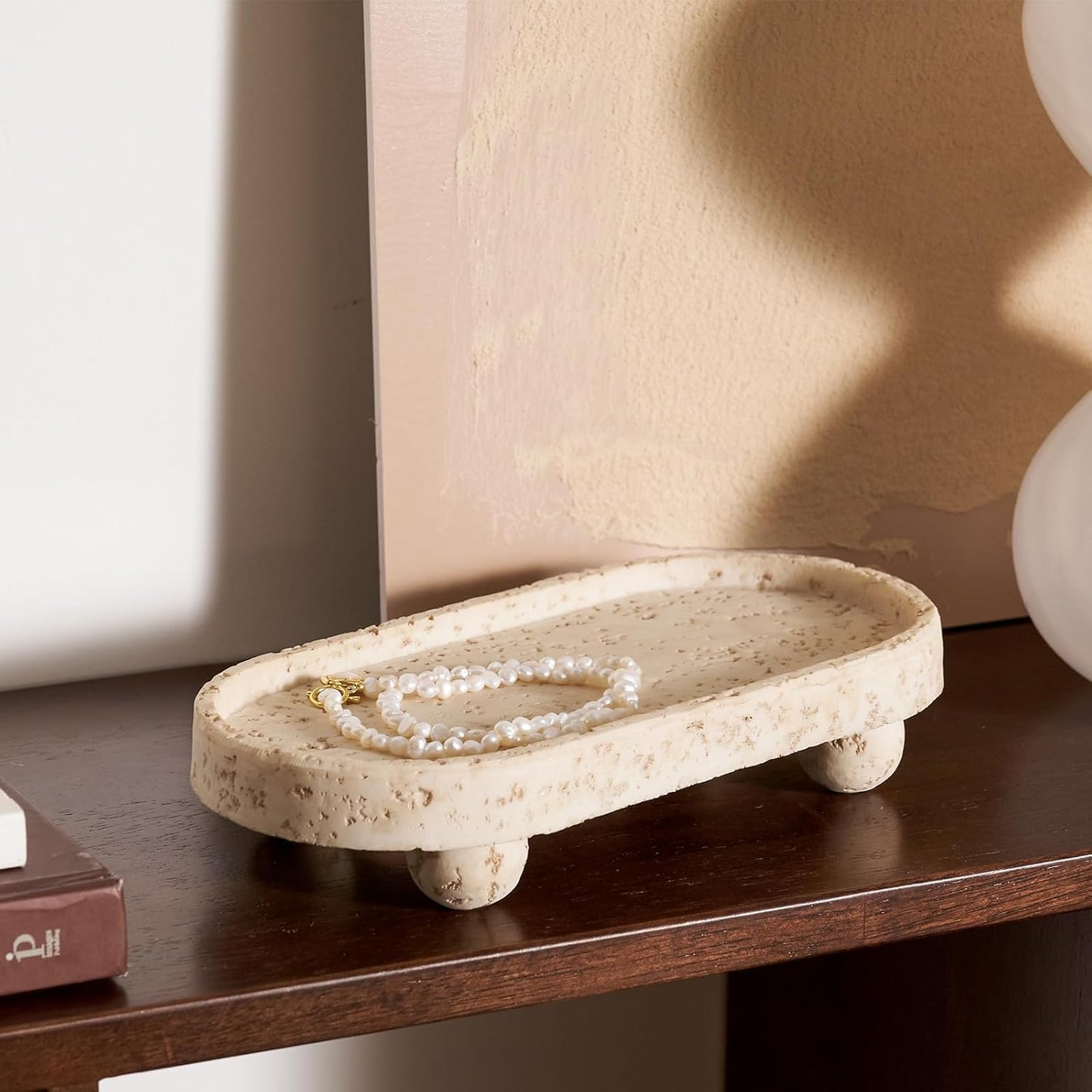DN DECONATION Resin Decorative Tray with Legs, 4 Footed Coffee Table Trays Decor, Travertine Look Vanity Tray for Perfume Jewelry Bathroom Soap Kitchen Countertop Dresser, Oval 9.53x1.97in