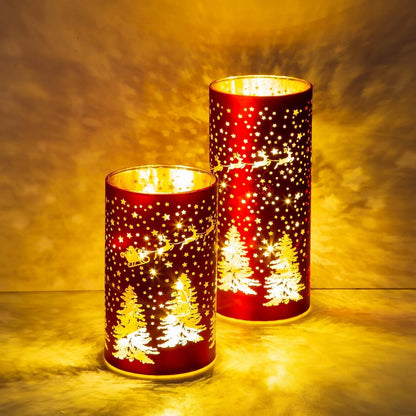 Christmas Decorations Indoor,Mercury Glass Lights with Timer,Battery Powered Fairy Light,LED Latern with Christmas Tree Deer Carvings, Lamps for Table Decor Home Centerpiece (Red)