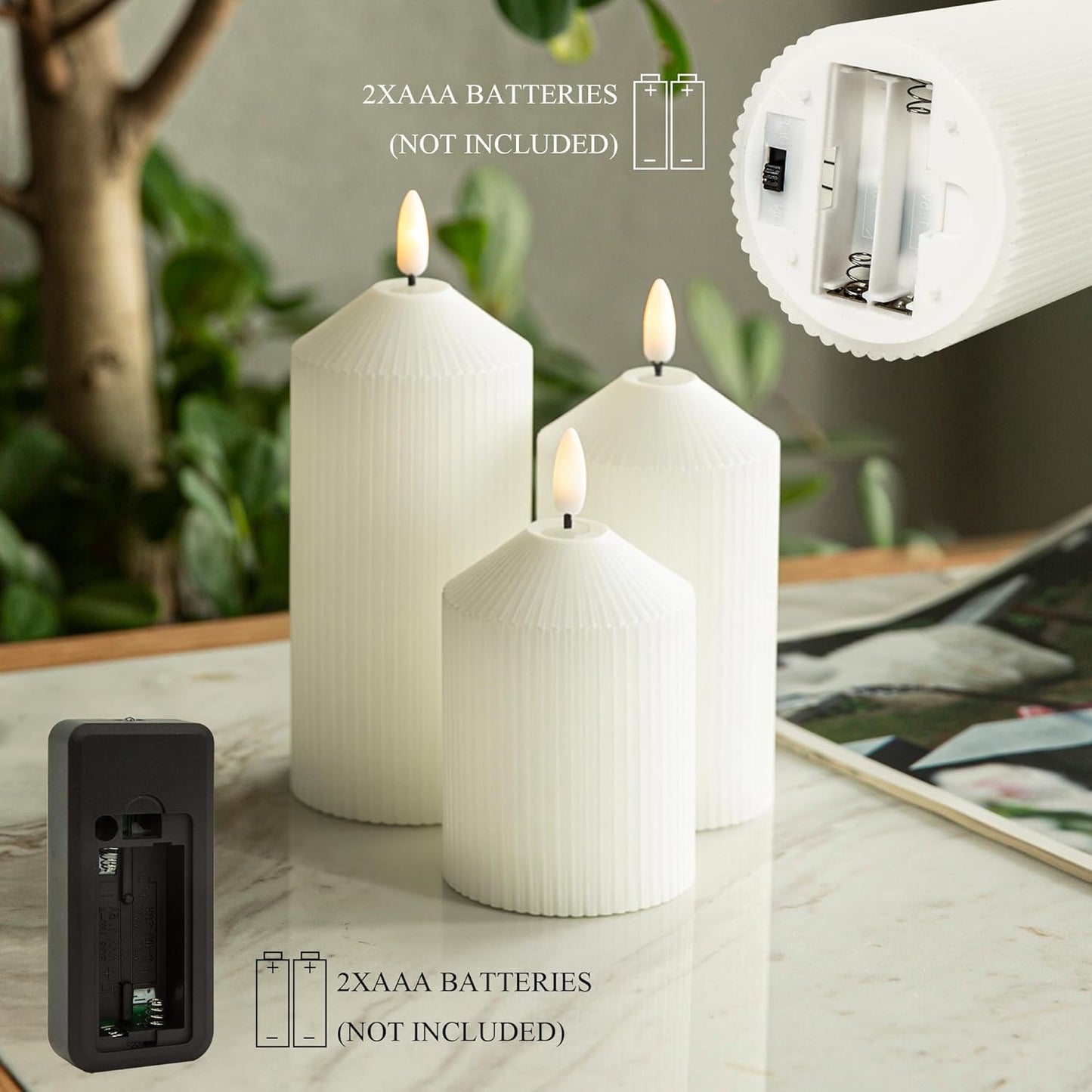 Flameless Candles with Remote, 3 Pack Battery Operated Candles Flickering Real Wax LED Fake Pillar Candles with Timer for Wedding Home Party, White