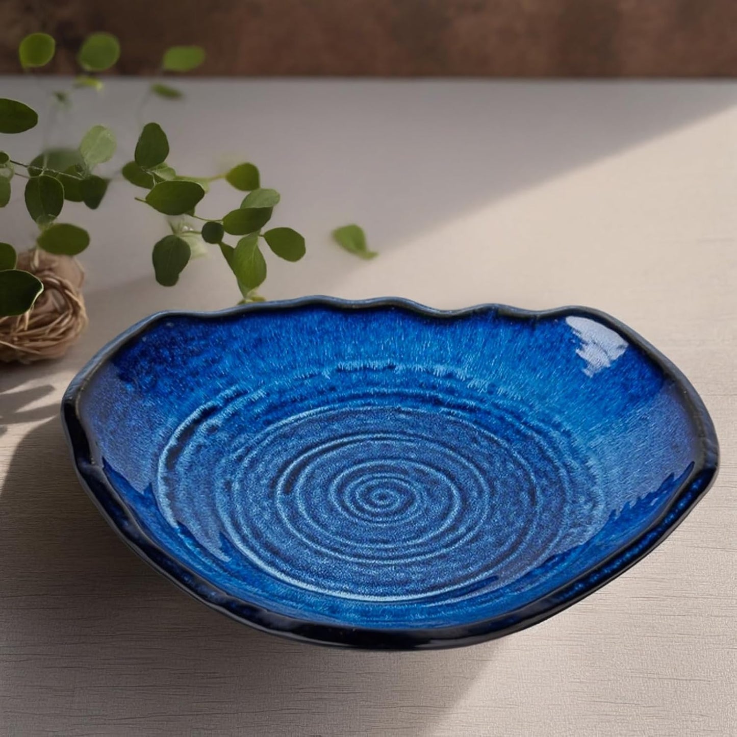 Ceramic Decorative Bowl - 12" Large Blue Pottery, Blue Decorative Bowl, Porcelain Centerpiece Tray, Key Bowl for Entryway Table, Living Room, Dining, Trinket Dish, Gift Decor Tray