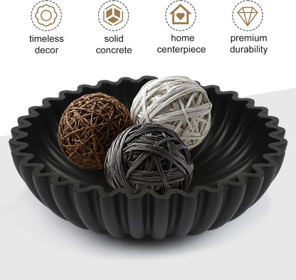 Large Decorative Bowl for Home Decor - Centerpiece for Coffee Table,Dining Table,Kitchen, Entryway Key bowl & Fruit Display - Modern Concrete Stone Design (Black)