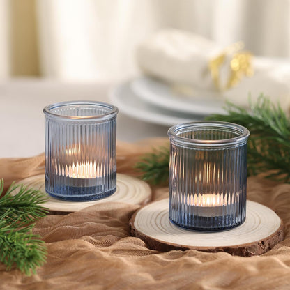 32Pcs Ribbed Blue Votive Candle Holders, Tea Light Candle Holders for Table Centerpiece, Blue Candle Holders for Wedding Decor,Home and Holiday Decor